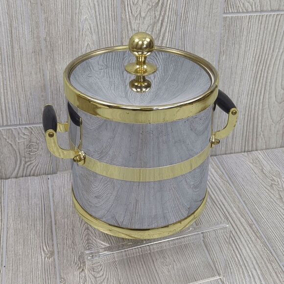Vintage Kraftware Ice Bucket Silver Chrome Brass Metal Barware Mad Men - Picture 1 of 14